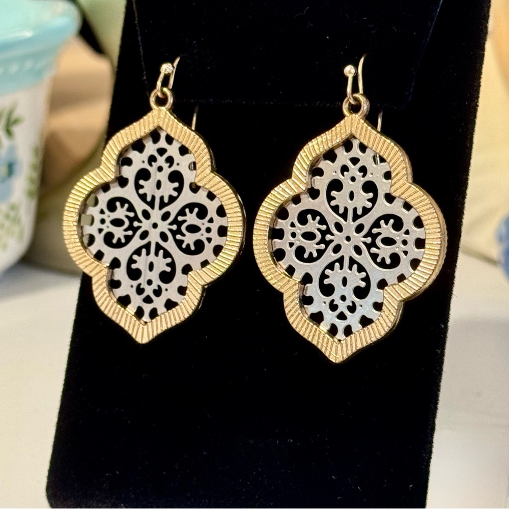 Moroccan Filagree Earrings Medallion Scroll Cut-Out Two-Tone Bohemian Da…